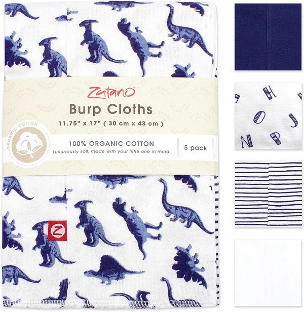 Zutano 5-Pack Organic Burp Cloths for Baby Girl & Boy, Large Cotton Absorbent Spit-Up Rags, Dino Party