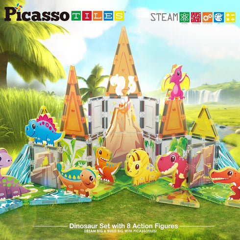 PicassoTiles Magnet Tiles Building Blocks, Dinosaur Theme Set with 8 Magnetized Action Figures, STEM Learning Activities
