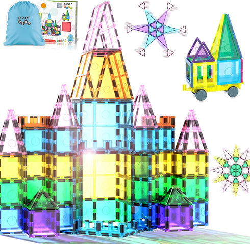 Everplay 61pc Magnet Tile Building Blocks - Magnetic Construction Toy with Car Base, Drawstring Carry Bag for Age 3+