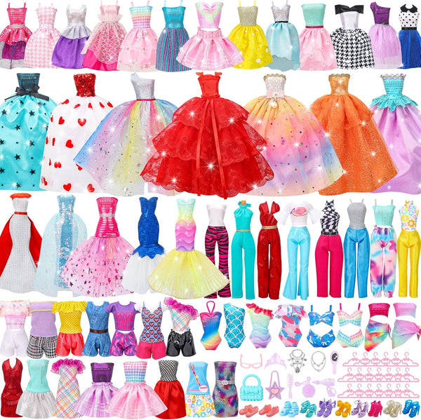 56 Pcs Doll Clothes and Accessories - 2 Wedding Gowns, 2 Evening Dresses, 20 Hangers, 10 Shoes for Girls