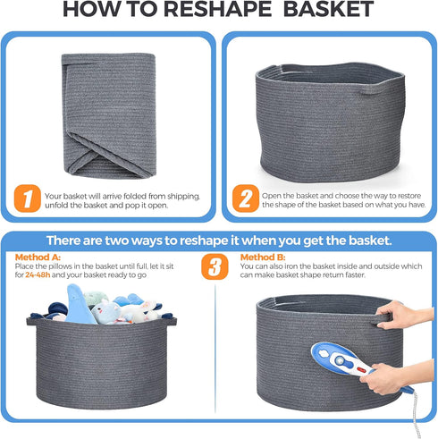 Blanket Basket 20"x 20"x 13" Cotton Rope Basket for Living Room, Baby Toy Storage, Large Woven Laundry Basket, Gray