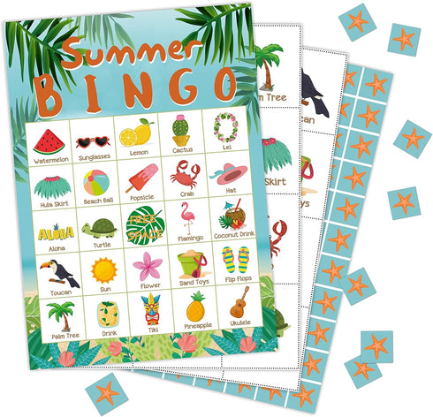 Hawaiian Bingo Cards, Tropical Summer Party Activities for Family, Adults, and School Classroom - 24 Players
