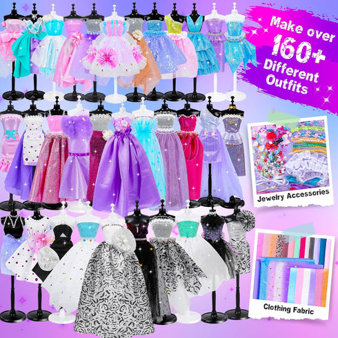 MINIFUN 1500+ Pcs Fashion Designer Kit for Girls, Sewing Kit with 7 Mannequins, DIY Arts and Crafts for Kids
