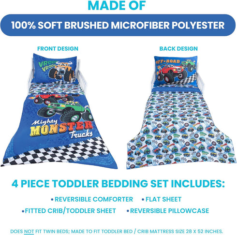 Set 4-Piece Sets Todays Kids Monster Trucks Toddler Bedding for Boys - Toddler Bed Comforter for Boys, Reversible