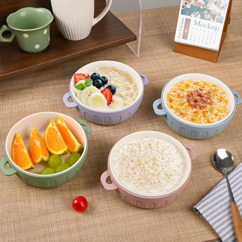 4 Packs iNeibo Porcelain Baby Bowls with Silicone Sleeve for Toddler Feeding, BPA-Free, Non Slip, Microwave