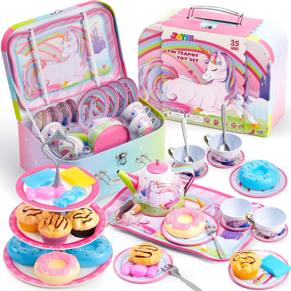 JOYIN 35Pcs Unicorn Tea Party Set for Little Girls, Pretend Tin Teapot
