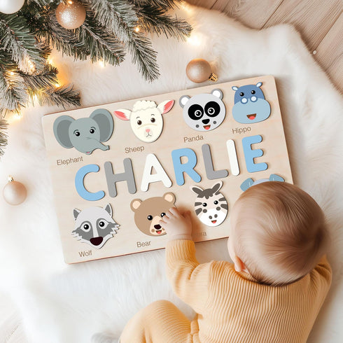 1-3 1st Zuzu Puzzle Personalized Name Puzzle for Toddlers with Animals, Handmade Learning Toy, CPC Certified, Keepsake