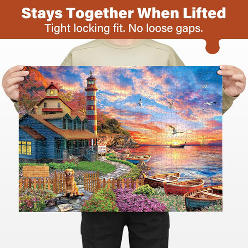 1000 Sunset BenBen Puzzles for Adults Pieces, Lighthouse, Jigsaw Puzzles with Letters or Patterns on Back, Challenging
