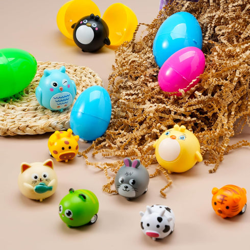 12 JOYIN Pcs Prefilled Easter Eggs with Toys, Plastic Easter Eggs with Animal Cars for Kids Gift, Basket Stuffers
