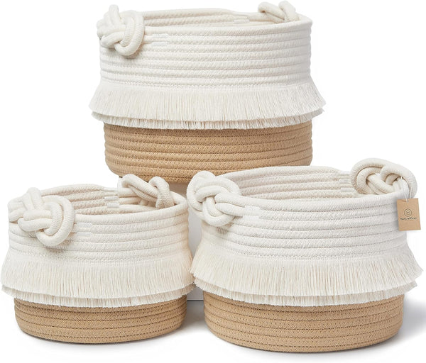 NaturalCozy 3-Piece Cotton Rope Woven Decorative Storage Basket Set – Organizing Baskets for Nursery Baby Stuff, Gift