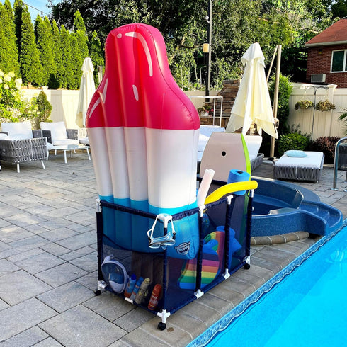 Pool Noodles Holder, Mesh Rolling Storage Organizer Bin for Toys, Balls, and Floats, Kids Height, Large (Blue/White