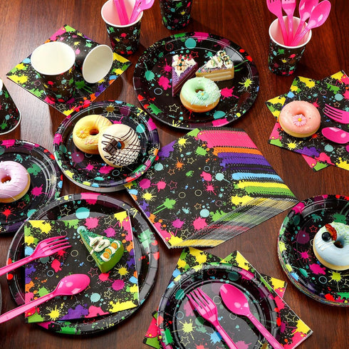 Yingzhao 180 Pcs Neon Birthday Party Supplies, Disposable Plates, Napkins, Cups, and Cutlery for 30 Guests