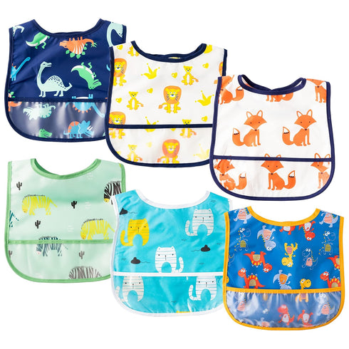 6Pcs Waterproof Toddler Bibs Set, Adjustable Baby Teething Bib with Crumb Catcher Pocket for 6-24 Months