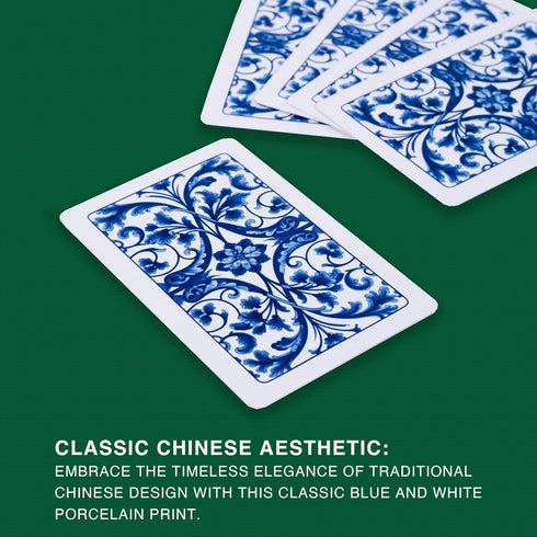 drizzle Poker Mahjong Playing Cards Table Game, Chinese Blue and White Porcelain Design, 144 Card Chips Set