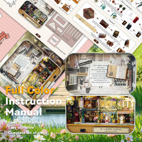 Flever Happy Corner Dollhouse Miniature DIY House Kit with Furniture and Cover for Romantic Valentine's Gift