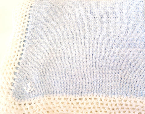 BUBU Knitted Crochet Finished Blue Chenille White Trim Baby Blanket White Anchor