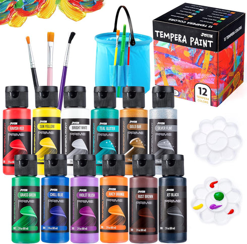 JOYIN 12PCS Washable Kids Tempera Paint Set (2 oz Each) with Brushes, Palette & Clean Bucket