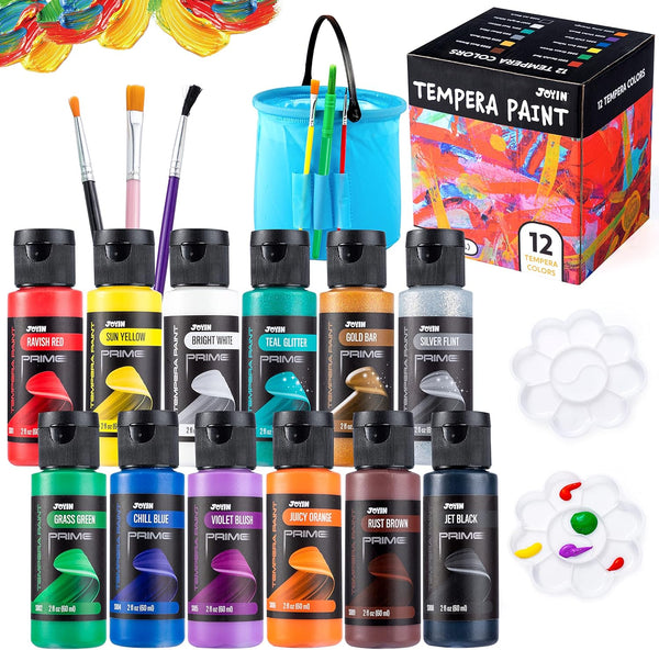 JOYIN 12PCS Washable Kids Tempera Paint Set (2 oz Each) with Brushes, Palette & Clean Bucket