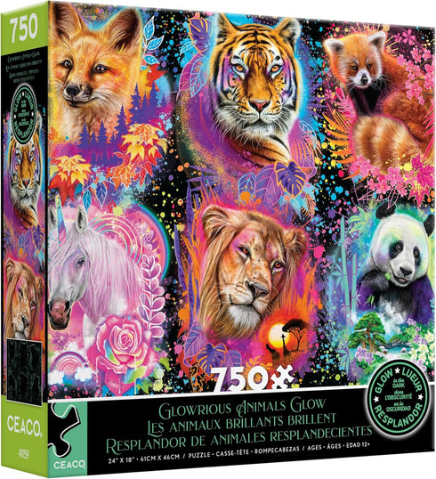 Ceaco Glow in The Dark Glowrious Animals, 750 Piece Jigsaw Puzzle