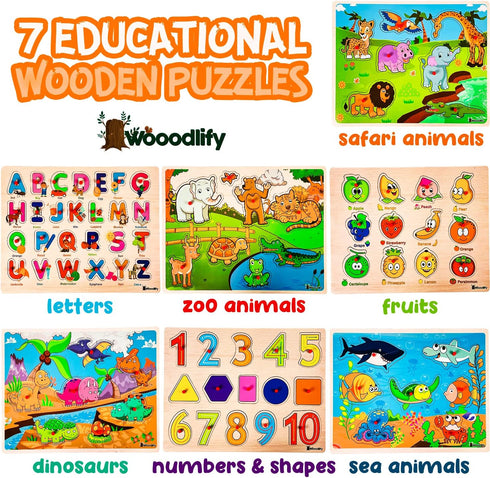 WOOODLIFY 7 Pack 2 3 4 5 7 2-5, Wooden Puzzles for Toddlers Years Old - Colorful Chunky Wood Peg Puzzles for Kids Ages