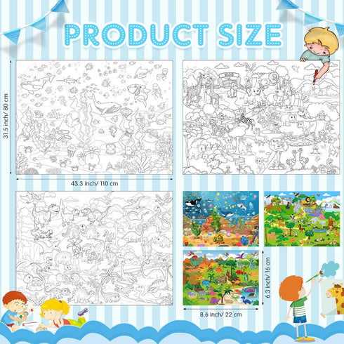Set 3 45 32 Inch Funrous of Jumbo Giant Coloring Poster x Large Table Wall Size Coloring Sheets with Zoo Animal, Ocean
