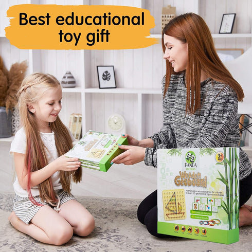 Panda Brothers Wooden Geoboard - Montessori Educational Toy with 30 Pattern Cards and 40 Rubber Bands for 3 4 5 Year