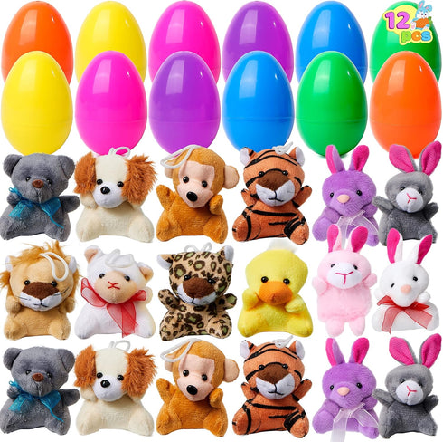 JOYIN 12 Pcs Mini Stuffed Animal Plush Toys, Prefilled Easter Eggs for Kids Egg Hunt & Party Favors