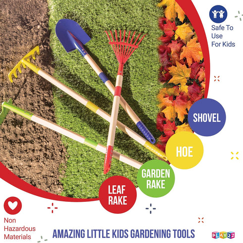 Play22 Set 4-Piece Kids Garden Tool Toy - Shovel, Rake, Hoe, Leaf Rake, Wooden Gardening Tools for Kids Best Outdoor