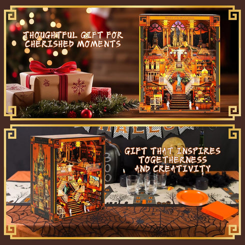 VORATHIS 3D Book Nook Kits for Adults The World Library Booknook Wooden Puzzle with LED Lights Creative Bookshelf
