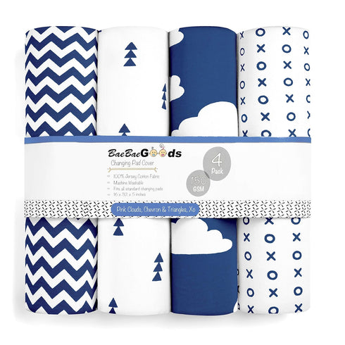 Premium Baby Changing Pad Covers 4 Pack - Pure Cotton Machine Washable Navy and White Changing Table Cover