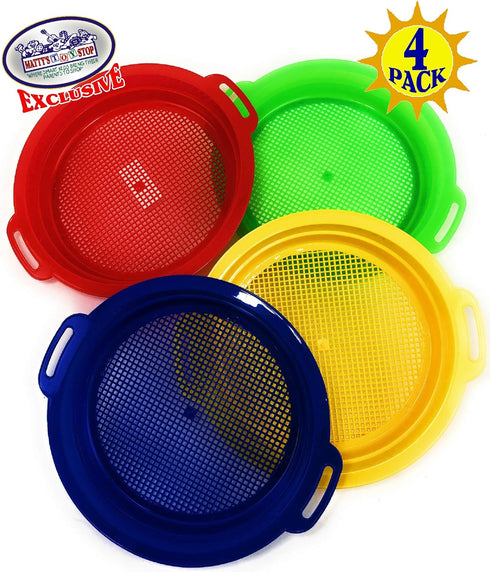 Set 4 Pack (8.75'' 9.75") Matty's Toy Stop Sand Sifter Sieves for Sand & Beach (Red, Blue, Yellow & Green) Complete