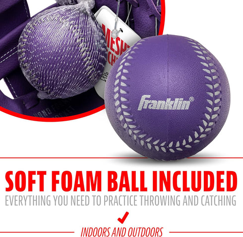 Franklin Sports Kids Baseball Glove + Foam Ball Set, Meshtek Youth Teeball Gloves for Kids + Toddlers, 9.5" Inch