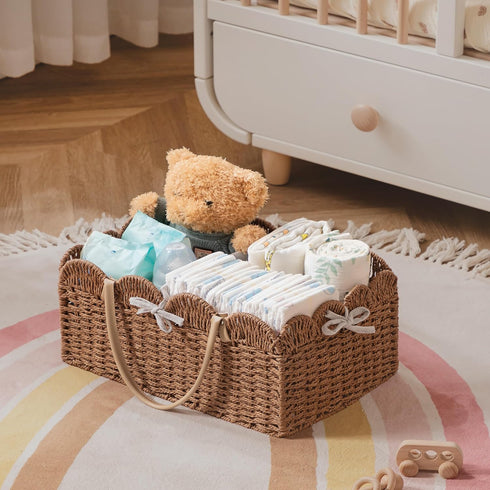 HBlife Baby Diaper Caddy, Paper Rope Storage Baskets Nursery Bin with Removable Divider, Portable Car Organizer