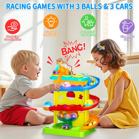 2-in-1 Hammer 1 2 3 4 5+Year Funwee Rolling Ball & Racing Car Ramp Toy for Toddlers, Race Track Lights Ball Drop