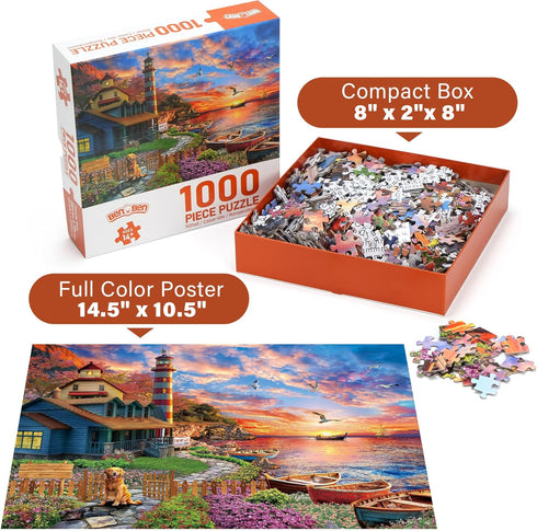 1000 Sunset BenBen Puzzles for Adults Pieces, Lighthouse, Jigsaw Puzzles with Letters or Patterns on Back, Challenging