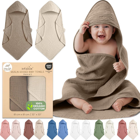 100% Organic Cotton Muslin Baby Hooded Towels 32x32 Inch 2 Pack Soft