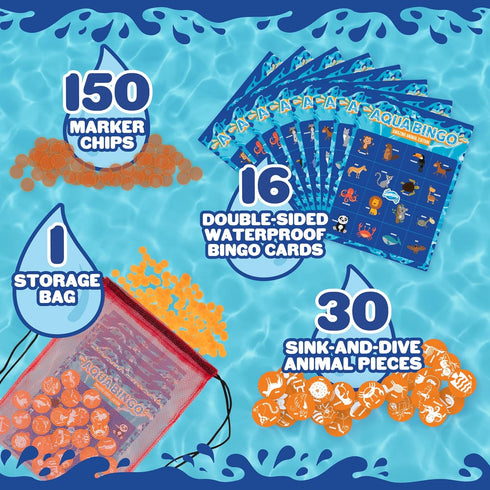 Summer 30 150 16 Pool Bingo Diving Game for Kids- Party Fun Edition Toy- Dive & Call Sinking Animal Themed "Numbers"