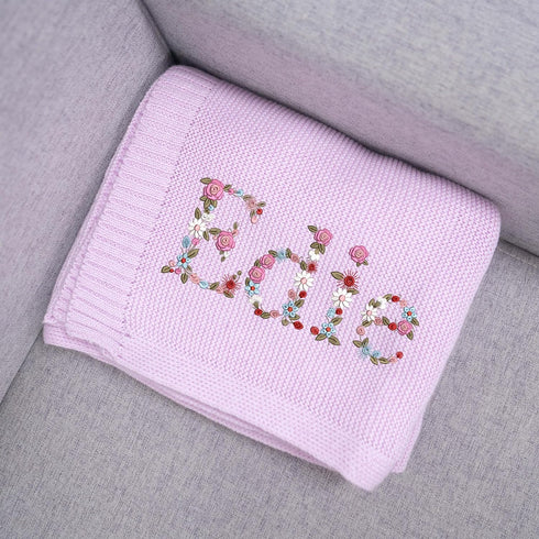 Cozy Personalized Floral Embroidered Name Blanket Soft Cotton Knit Newborn Blanket, Custom Keepsake Gift, Cover