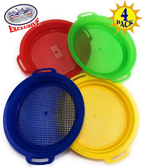 Set 4 Pack (8.75'' 9.75") Matty's Toy Stop Sand Sifter Sieves for Sand & Beach (Red, Blue, Yellow & Green) Complete