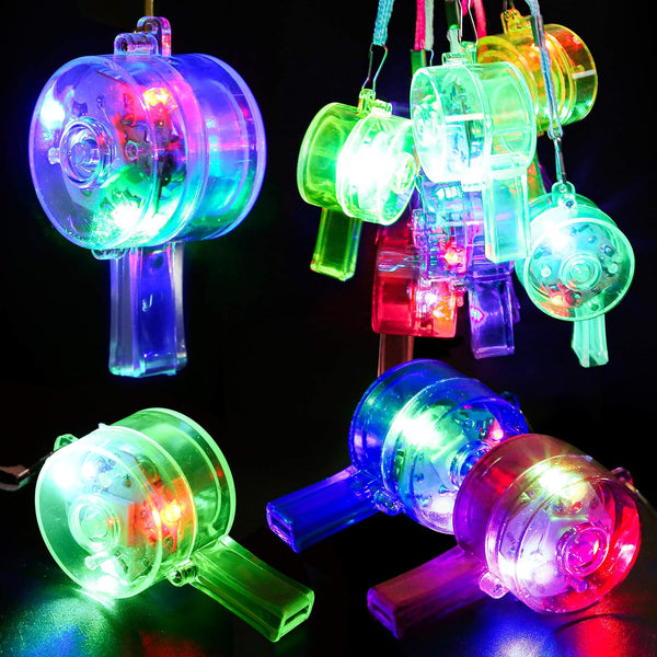 PROLOSO 15 Pcs Light Up Flashing Whistles with Lanyards, Glow in the Dark Party Favors for Kids.
