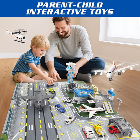 Set XDUOYJOY Airplane Toy with Trucks, Helicopter, Planes and Playmat, Airport Aviation Toys for Boys Girls, Great Gift