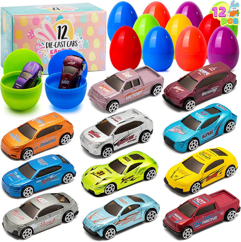 JOYIN 12 Pcs Die-Cast Car Filled Big Easter Eggs, Bright Colorful Prefilled