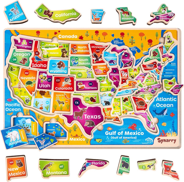 SYNARRY Large USA Wooden Puzzles for Kids Ages 3-5, Learning United States