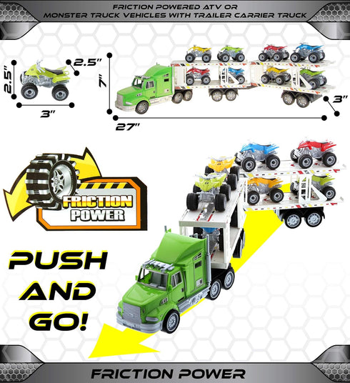 Mozlly Friction Powered ATV or Monster Truck Hauler Playset, Toy Car Carrier Truck, Perfect for Pretend Play