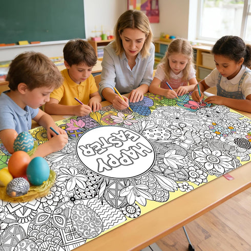 55.1 23.6 Inch Jumbo Easter Mandala Coloring Poster - Easter Egg Bunny Flower DIY Drawing Color-in Paper Blank Art