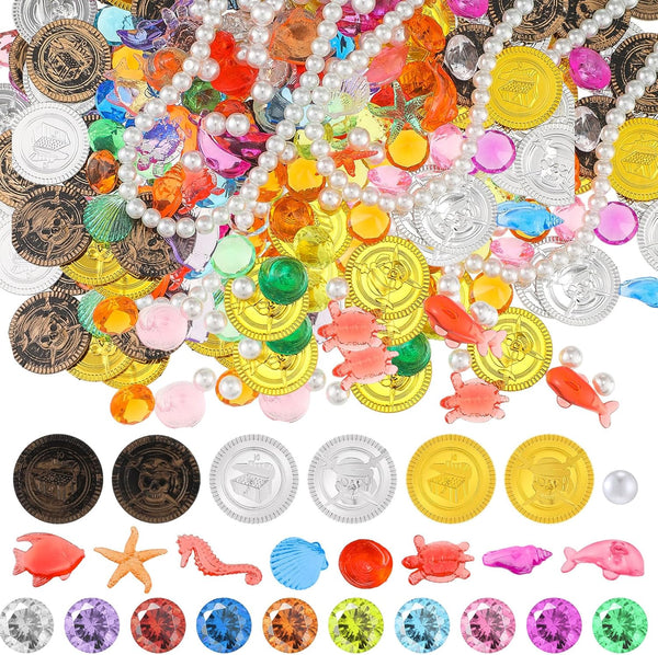 Hanaive 319 Pcs Pirate Treasure Playset - Fake Coins and Plastic Pirate Gems for Themed Adventures and Pool Parties