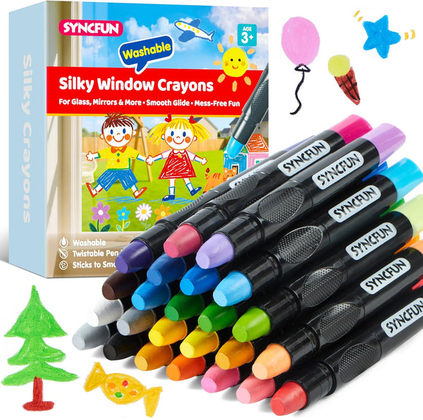 SYNCFUN 24 Pcs Twistable Silky Window Crayons, Washable Crayons, Glass and Paper,