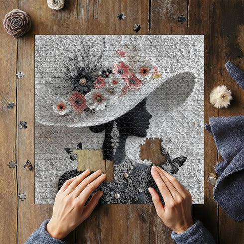PICKFORU 1000 Impossible Puzzles for Adults Pieces, Floral Muse Puzzle Elegant Lady,Beauty Flower Woman Puzzle Black