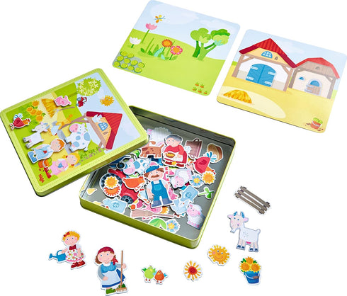 HABA Peter and Pauline's Farm Magnetic Game with 4 Background Scenes in Storage Tin
