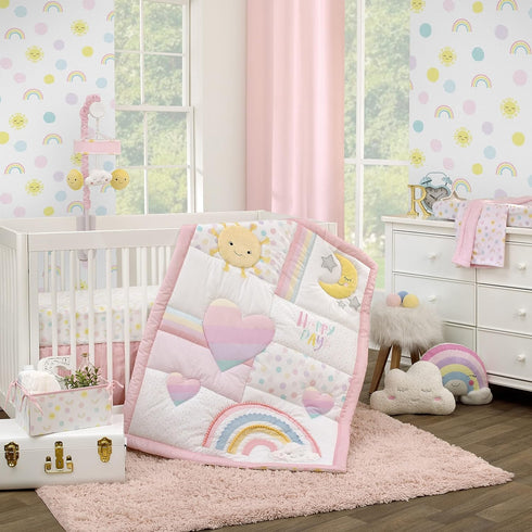 NoJo Happy Days Pink, Yellow and White Plush Sun and Clouds Musical Mobile